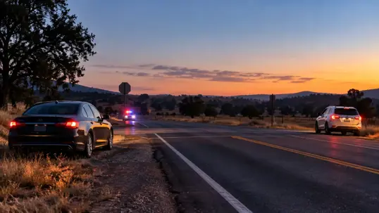 Cop car passing by 2 cars on shoulder of road
